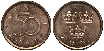 Швеция 50 эре 2009 Карл XVI Густав (1973- ) KM 878 бронза UNC 112-918