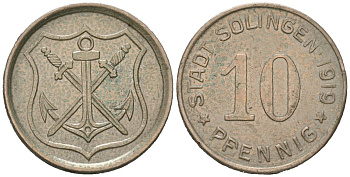 Золинген 10 пфеннигов 1919 Funck 508.4, Men18 29571.5 железо 54-1255