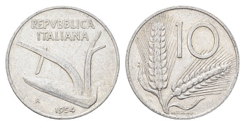 Италия 10 лир 1954 R, плуг, колосья KM 93 алюминий 4704-527