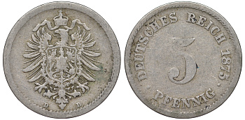 ГЕРМАНИЯ 5 ПФЕННИГОВ 1875 D, СТАРОГЕРБОВКА KM 3, J.3 медно-никель 45-466