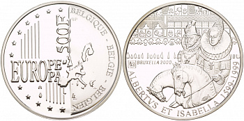 Бельгия 500 франков 1999 Альберт и Изабелла, миллениум KM 212 серебро PROOF 1088-4-43