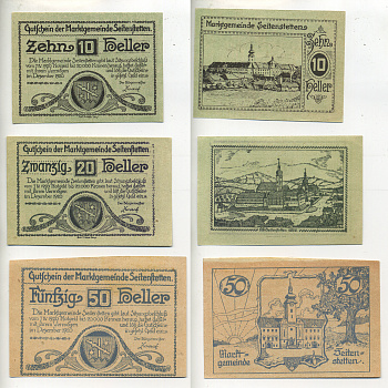 Австрия набор из 3 банкнот 1920 7 июня 1920- декабрь 1920, нотгельд, 10, 20, 50 геллеров, SEITENSTETTEN   бумага  XF 7555-5-2-2