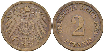 ГЕРМАНИЯ 2 ПФЕННИГА 1908 F KM 16, J. 11, Weege 4 медь 206-548