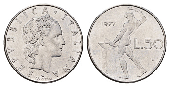 Италия 50 лир 1977 R, Бог огня Вулкан у наковальни KM 95.1 нержавеющая сталь 4119-613