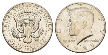 США 1/2 доллара (50 центов) 1983 D, Джон Кеннеди KM A202b медь плакированная медно-никелем aUNC 180-745