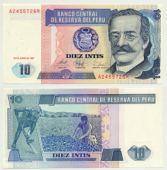 Перу 10 инти 1987 Рикардо Пальма, писатель, ученый, библиотекарь Pick 129 бумага UNC (пресс) 447-86-1-1