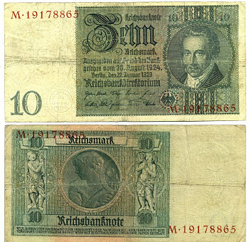 ГЕРМАНИЯ 10 РЕЙХСМАРОК 1929 Pick 180a бумага 3295-64-1