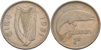 Ирландия 1 флорин 1951 лосось KM 15а медно-никель 88-711