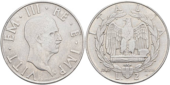 ИТАЛИЯ 2 ЛИРЫ 1940 R, ГОД XVIII, ВИКТОР ЭММАНУИЛ III (1900-1946), МАГНИТНАЯ, ГУРТ РИФЛЁНЫЙ KM 78b, VEM3. 1154 нержавеющая сталь 3855-312
