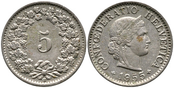 ШВЕЙЦАРИЯ 5 РАППЕНОВ 1955 KM 26 медно-никель 4528-641