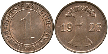 ГЕРМАНИЯ 1 РЕНТЕНПФЕННИГ 1923 E KM 30, J. 306 бронза UNC 413-2133