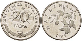 Хорватия 20 лип 1993 олива, легенда на хорватском KM 7 сталь плакированная никелем 66-529