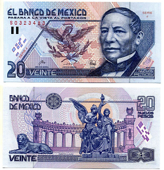 Мексика 20 песо 1992 (1994) 10 декабря 1992, серия J Pick 100 бумага UNC (пресс) 7148-34-1-2