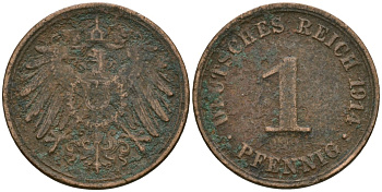 Германия 1 пфенниг 1914 Вильгельм II (1888-1918) KM 10, J. 10 медь 4608-255