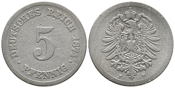 ГЕРМАНИЯ 5 ПФЕННИГОВ 1874 F, СТАРОГЕРБОВКА KM 3, J. 3 медно-никель 39-314