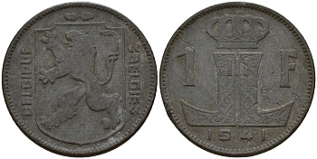 Бельгия 1 франк 1941 Belgique - Belgie, Леопольд III (1934-1947), германская оккупация, Вторая мировая война KM 127 цинк 4161-357