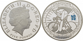 Великобритания 5 фунтов 2011 Елизавета II (1952-2022), XXX Летние Олимпийские игры 2012 в Лондоне 2012 - Обратный отсчет 1 год до начала, велосипедный спорт, KM 1202, Spink LO35 серебро PROOF 1077-2-61