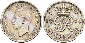 Великобритания 6 пенсов 1949 Георг VI (1936-1952) KM 875, Spink 4110 медно-никель 4588-521