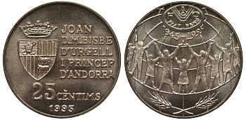 Андорра 25 сантимов 1995 50 лет продовольственной программе FAO KM 109 медно-никель UNC M22-10