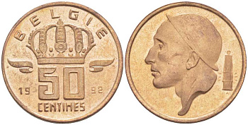 БЕЛЬГИЯ 50 САНТИМОВ 1992 BELGIE, БОДУЭН I (1951-1993) KM 149.1 бронза 214-653