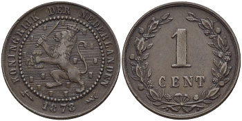 Нидерланды 1 цент 1878 Виллем III (1849-1890) KM 107 бронза 4387-1253
