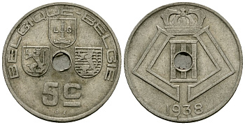 Бельгия 5 сантимов 1938 Belgique - Belgie KM 110 никель латунь 4173-623