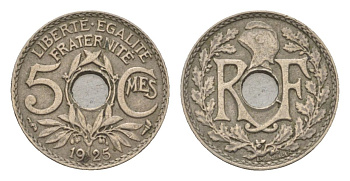 Франция 5 сантимов 1925 KM 875 медно-никель 4623-834