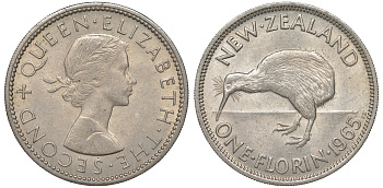 Новая Зеландия 1 флорин 1965 Елизавета II (1952-2022), птичка киви KM 28.2 медно-никель XF-UNC 51-753