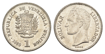 Венесуэла 1 боливар 1989 Симон Боливар, тонкий шрифт Y 52a.1 сталь плакированная никелем 4662-841