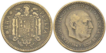 ИСПАНИЯ 1 ПЕСЕТА 1947 ФРАНСИСКО ФРАНКО ДИКТАТОР ИСПАНИИ (1939-1975) KM 775 алюминиевая бронза 213-132