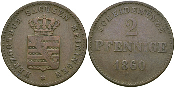 Саксен-Мейнинген 2 пфеннига 1860 Бернгард II (1803-1866) KM 171 медь 99-634