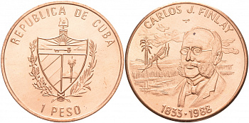 Куба 1 песо 1988 155 лет со дня рождения Карлоса Финлея KM 512 медь UNC M13-10