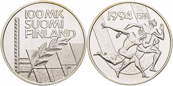 Финляндия 100 марок 1994 стадион дружбы, бег KM 78 серебро UNC 1515-1141