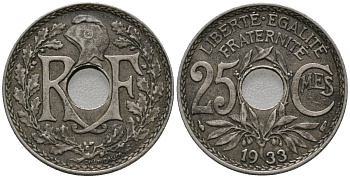 Франция 25 сантимов 1933 тип Линдауэр KM 867a, Le Franc 171 медно-никель 4577-734