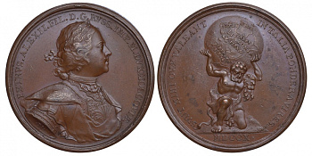 Россия медаль 1710 (поздний чекан) завоевание Лифляндии, 46,8 мм, 53,8 гр Дьяков 38.6 бронза 10-015-26