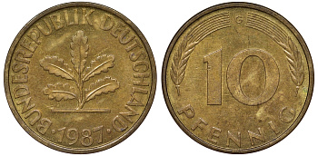 ФРГ 10 пфеннигов 1987 G KM 108, J. 383 сталь плакированная латунью 62-1235