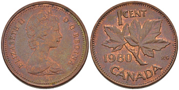 Канада 1 цент 1980 Елизавета II (1952-2022), кленовый лист KM 127 бронза 75-522
