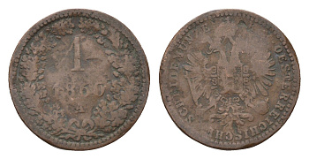 Австрия 1 крейцер 1860 A, Франц Иосиф I (1848-1916) KM 2186 медь 4152-359