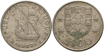 Португалия 5 эскудо 1977 KM 591 медно-никель 4156-544