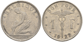Бельгия 1 франк 1922 Belgique, Альберт I (1910-1934) KM 89 никель 85-425