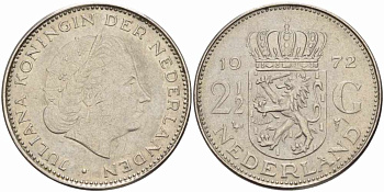 Нидерланды 2 1/2 гульдена 1972 Юлиана (1948-1980) KM 191 никель 38-813