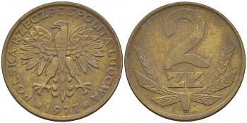 ПОЛЬША 2 ЗЛОТЫХ 1977 MW KM 80.1 латунь 112-1264