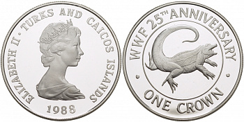 Теркс и Кайкос 1 крона 1988 серия 25 лет защиты окружающей среды, игуана КМ 64 a серебро PROOF 1068-6-41
