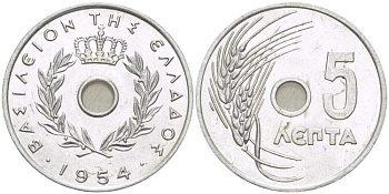 Греция 5 лепта 1954 Павел I (1947-1964), колосья KM 77 алюминий 93-1251