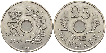 Дания 25 эре 1967 С; S, Фредерик IX (1947-1972) KM 855.1 медно-никель 202-733