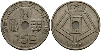 Бельгия 25 сантимов 1938 Belgie - Belgique KM 115 никель латунь 4403-1242