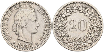 ШВЕЙЦАРИЯ 20 РАППЕНОВ 1885 В KM 29 никель 55-557
