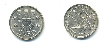 ПОРТУГАЛИЯ 2,5 ЭСКУДО 1978 ПАРУСНИК KM 590 медно-никель 176-135