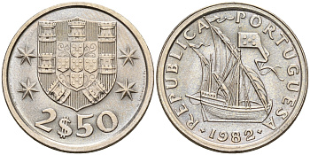 Португалия 2,5 эскудо 1982 парусник KM 590 медно-никель  UNC  4160-1227