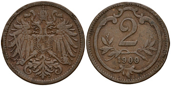 Австрия 2 геллера 1909 Франц Иосиф I (1848-1916) (1846-1918) KM 2801 бронза 4158-635